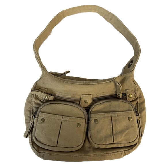 Vintage Y2K 90s Purse Bag Baguette Shoulder Bag Military Pockets Canvas Beige - Picture 1 of 9